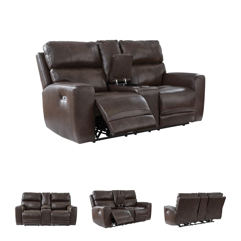 Bowery Hill Contemporary Leather Power Reclining Loveseat with Console