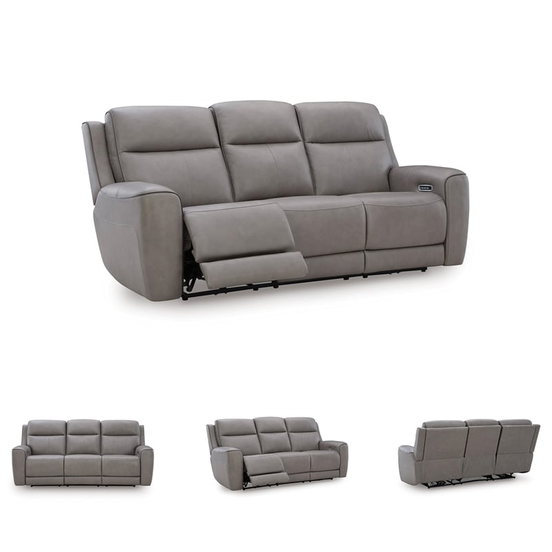 Bowery Hill Contemporary Leather Gray Finish Power Reclining Sofa