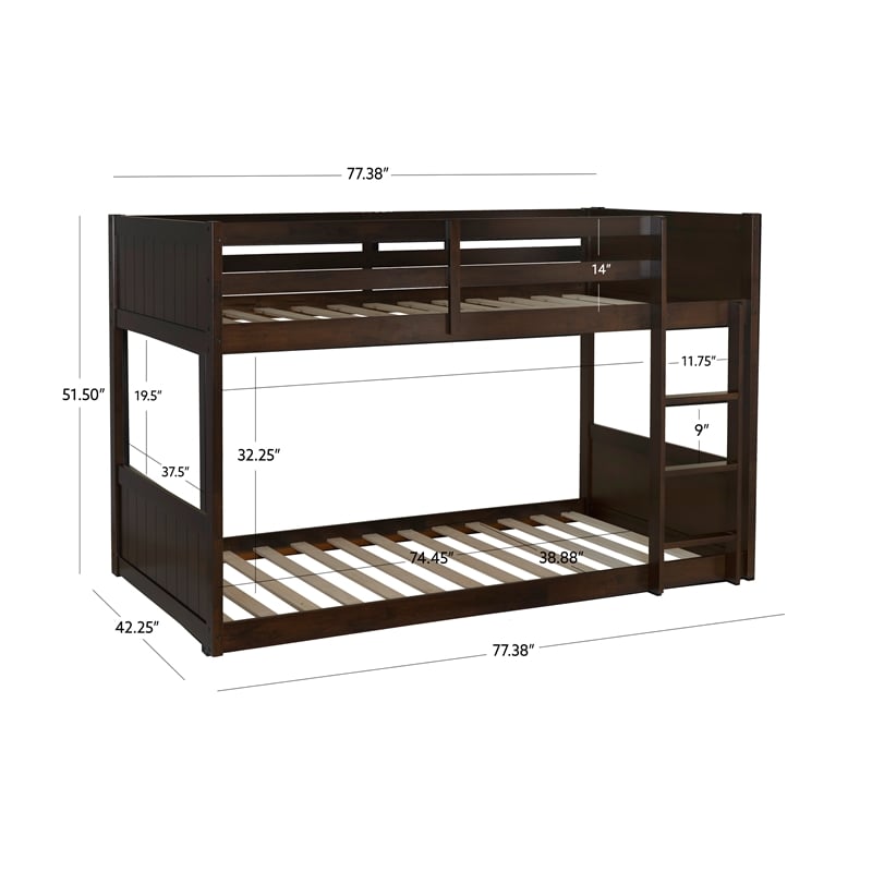 Bowery Hill Solid Rubberwood Espresso Low Profile Twin Bunk Bed