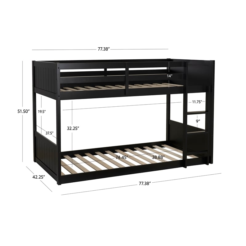 Bowery Hill Solid Rubberwood Black Low Profile Twin Bunk Bed