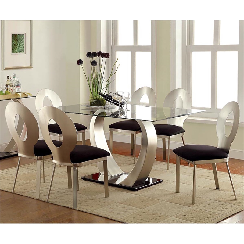 Bowery Hill Contemporary 7-Piece Stainless Steel Dining Table Set in Silver