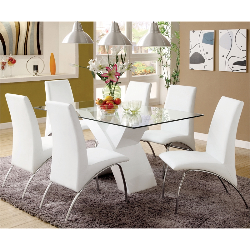 Bowery Hill Contemporary 7-Piece Wood Dining Set in White Finish