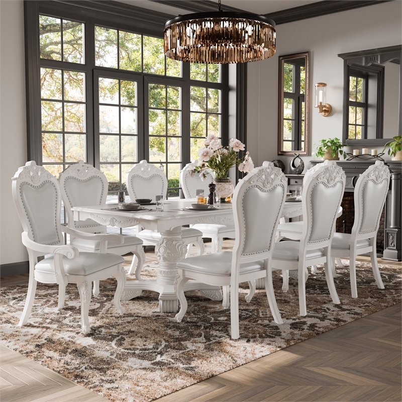 Bowery Hill Traditional Solid Wood 9-Piece Expandable Dining Set in White
