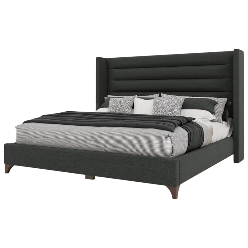Bowery Hill Modern Channel Upholstered King Bed in Charcoal Performance Fabric