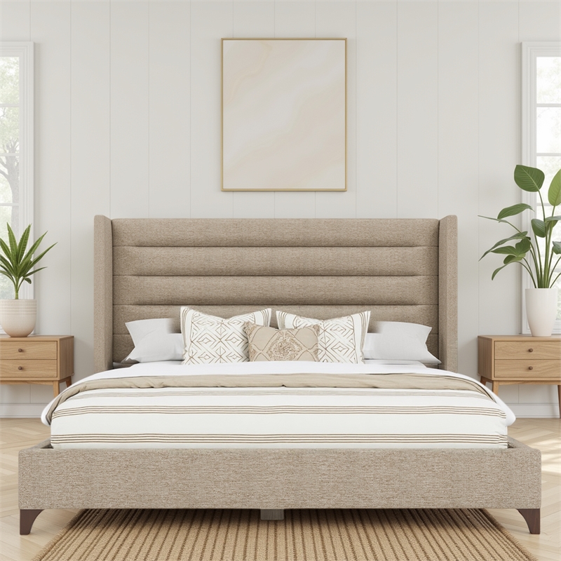 Bowery Hill Modern Channel Upholstered King Bed in Tan Performance Fabric