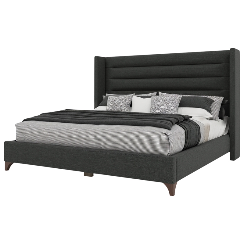 Bowery Hill Modern Channel Upholstered Queen Bed in Charcoal Performance Fabric