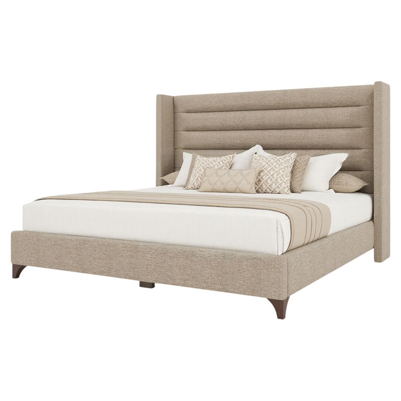 Bowery Hill Modern Channel Upholstered Queen Bed in Tan Performance Fabric
