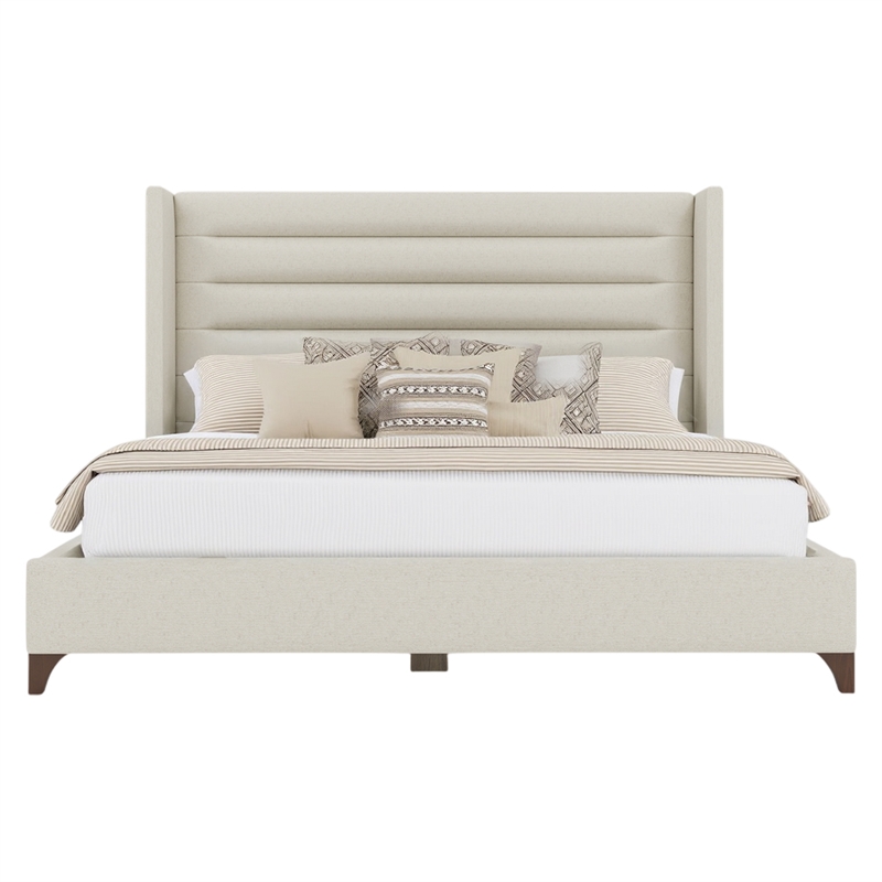 Bowery Hill Modern Channel Upholstered Queen Bed in Off White Performance Fabric