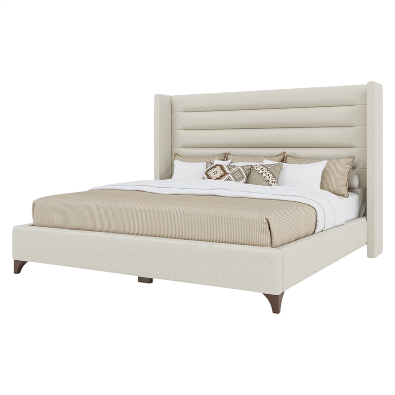 Bowery Hill Modern Channel Upholstered Queen Bed in Off White Performance Fabric
