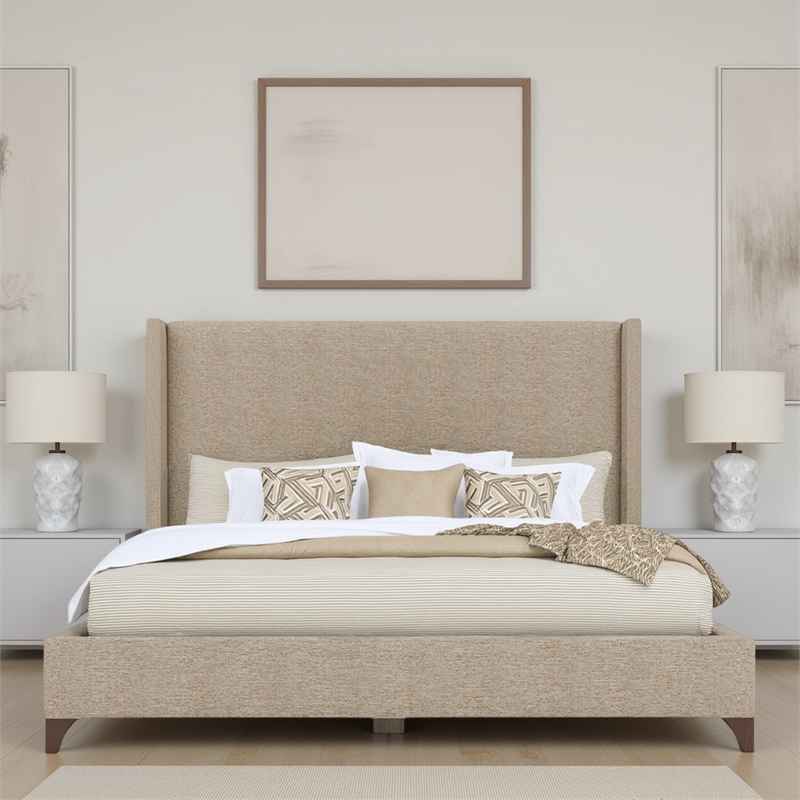 Bowery Hill Modern Upholstered King Bed in Tan Performance Fabric