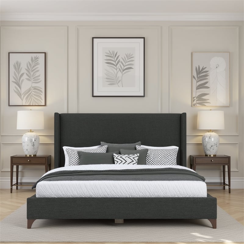 Bowery Hill Modern Upholstered Queen Bed in Charcoal Performance Fabric