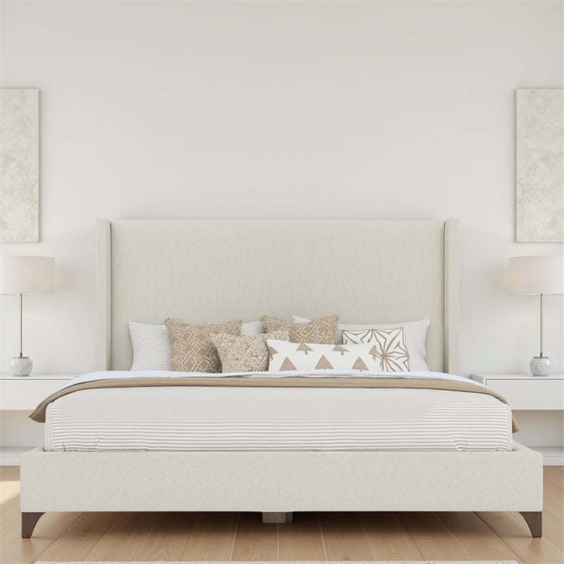 Bowery Hill Modern Upholstered Queen Bed in Off White Performance Fabric