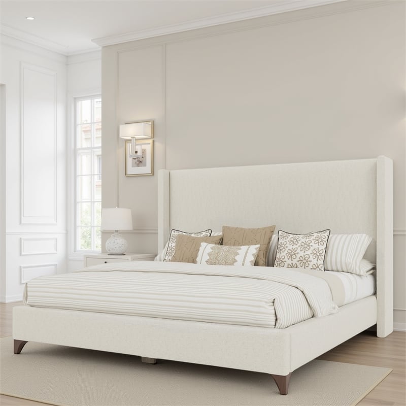 Bowery Hill Modern Upholstered Queen Bed in Off White Performance Fabric