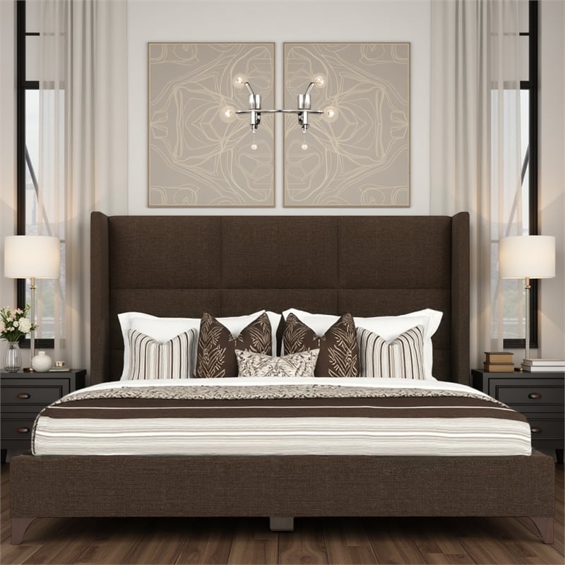 Bowery Hill Modern Upholstered King Bed in Brown Performance Fabric