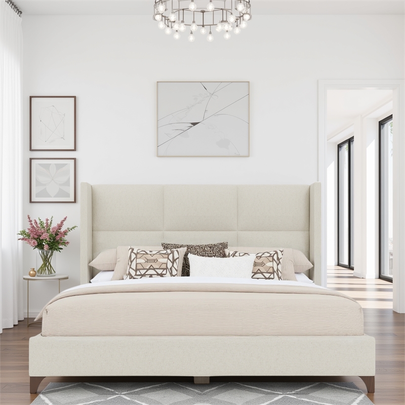 Bowery Hill Modern Upholstered King Bed in Off White Performance Fabric
