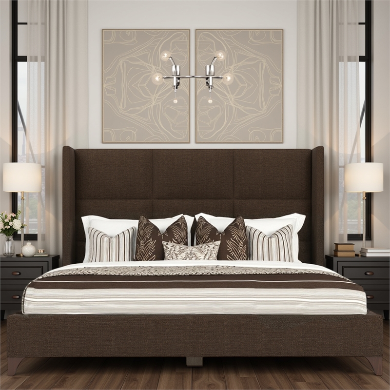 Bowery Hill Modern Upholstered Queen Bed in Brown Performance Fabric