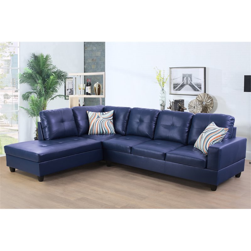 Bowery Hill Contemporary Faux Leather Left Sectional Sofa in Blue