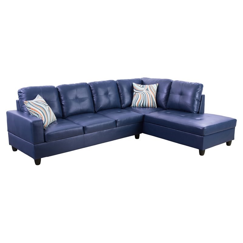 Bowery Hill Contemporary Faux Leather Right Sectional Sofa in Blue
