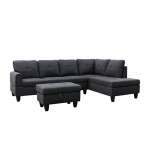 Bowery Hill Living Room 3PC Set Sectional Sofa with Ottoman in Black Gray