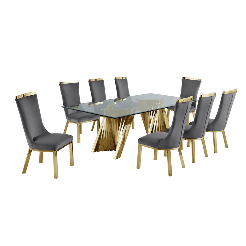 Bowery Hill Clear Glass 9pc Dining Set with Gold Stainless Steel and 8 Chairs