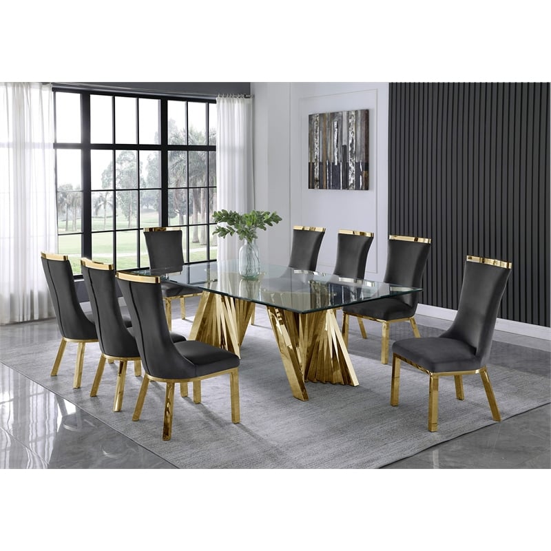 Bowery Hill Clear Glass 9pc Dining Set with Gold Stainless Steel and 8 Chairs
