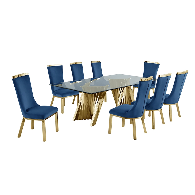 Bowery Hill Clear Glass 9pc Dining Set with Gold Stainless Steel and 8 Chairs