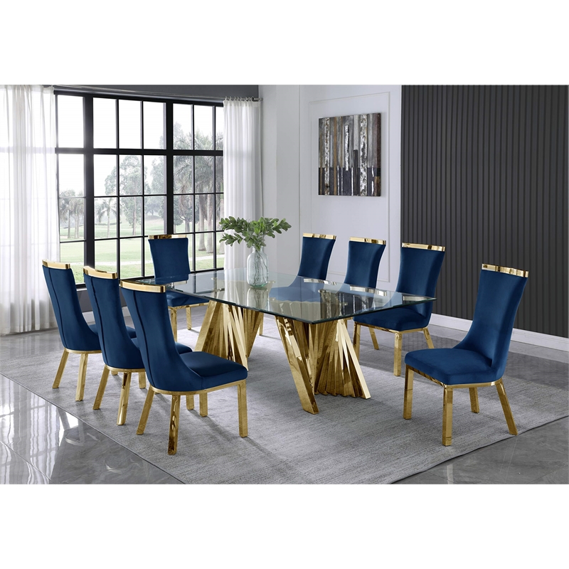 Bowery Hill Clear Glass 9pc Dining Set with Gold Stainless Steel and 8 Chairs