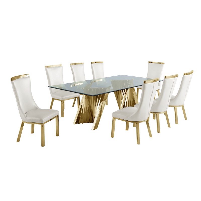Bowery Hill Clear Glass 9pc Dining Set with Gold Stainless Steel and 8 Chairs