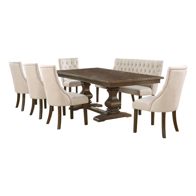 Bowery Hill 7pc Walnut Dining Set with Extendable Table w/ Beige Chairs & Bench