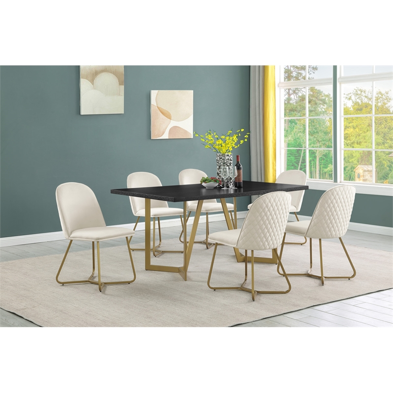 Bowery Hill 7pc Black Wood Top Dining Set with Cream Velvet Chairs and Gold Base