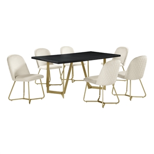 Bowery Hill 7pc Black Wood Top Dining Set with Cream Velvet Chairs and Gold Base