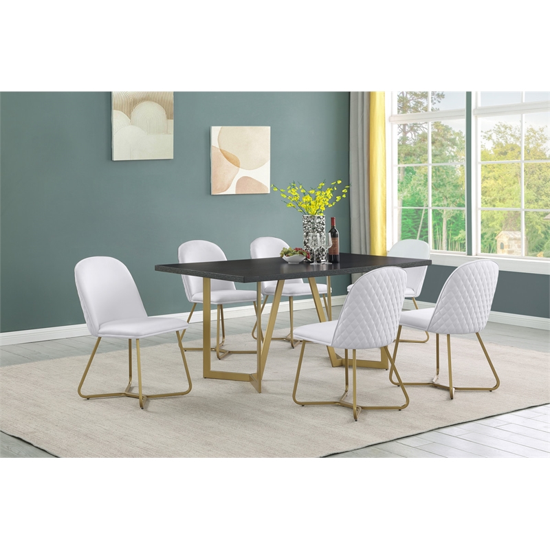 Bowery Hill 7pc Black Wood Top Dining Set w/ Gold Base White Faux Leather Chairs