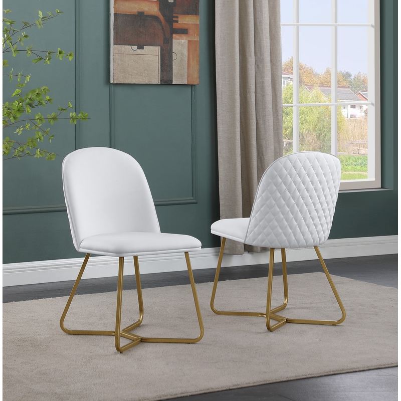 Bowery Hill 7pc Black Wood Top Dining Set w/ Gold Base White Faux Leather Chairs