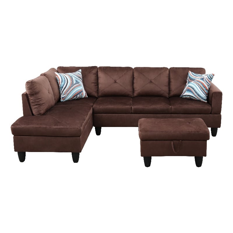 Bowery Hill L-shaped Brown Microfiber Couch with Ottoman (Pillows Included)
