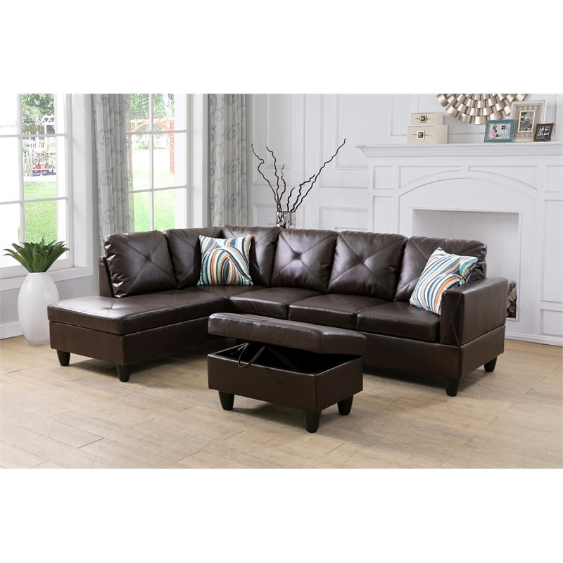 Bowery Hill L-shaped Brown Microfiber Couch with Ottoman (Pillows Included)