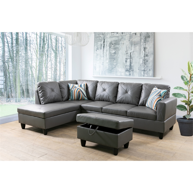 Bowery Hill L-shaped Gray Microfiber Couch with Ottoman (Pillows Included)