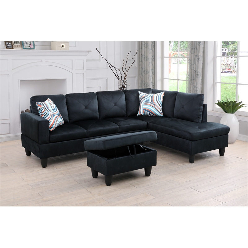 Bowery Hill L-shaped Black Microfiber Couch with Ottoman (Pillows Included)
