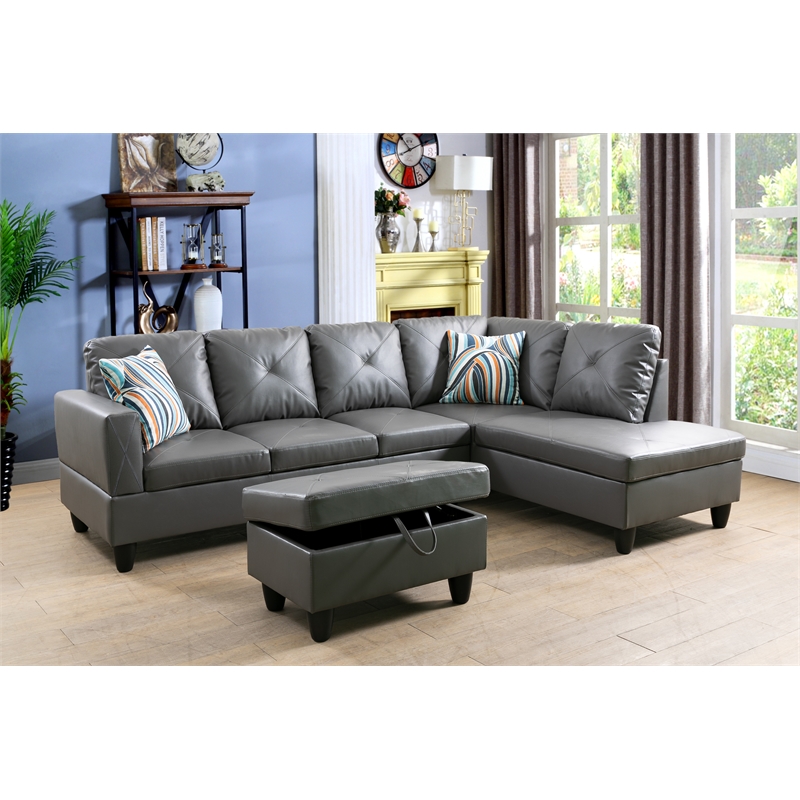 Bowery Hill L-shaped Gray Microfiber Couch with Ottoman (Pillows Included)
