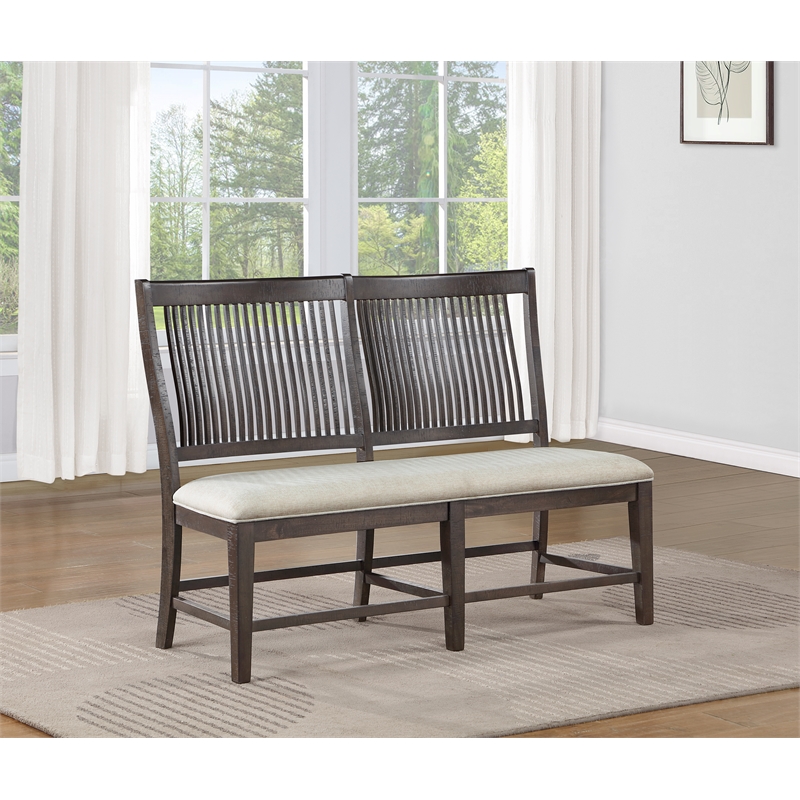 Bowery Hill Rustic Brown Wood Dining Bench with Beige Upholstery