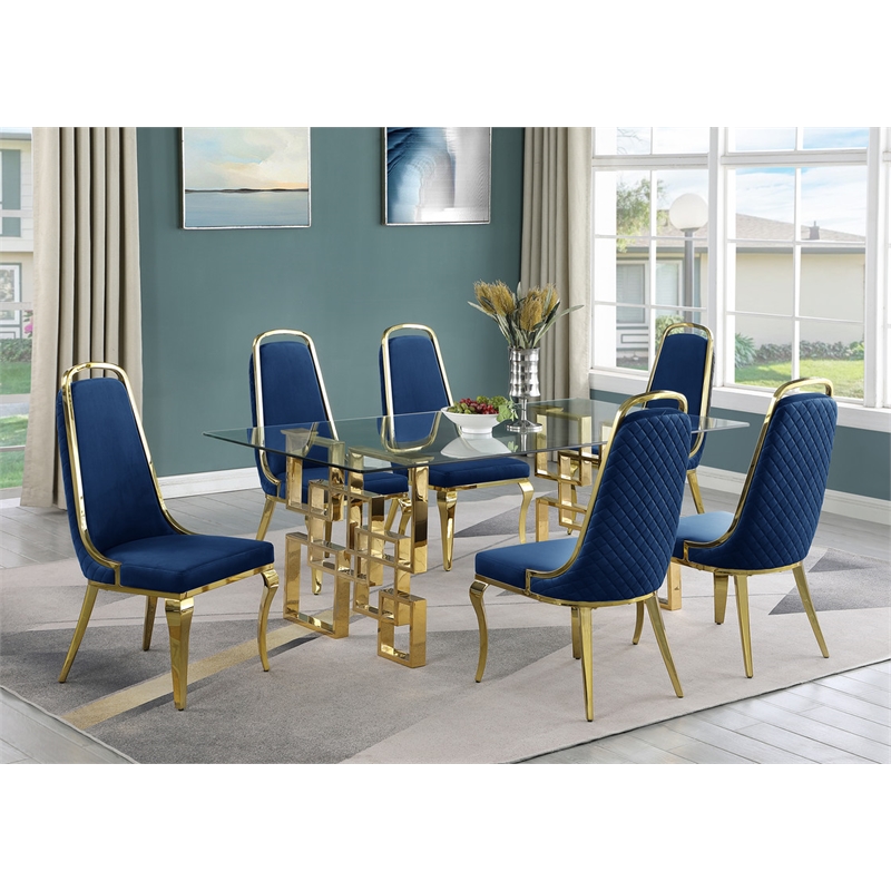 Bowery Hill 7pc Tempered Glass Dining Set with Navy Blue Velvet Chairs