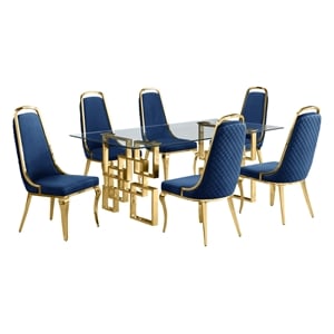 Bowery Hill 7pc Tempered Glass Dining Set with Navy Blue Velvet Chairs