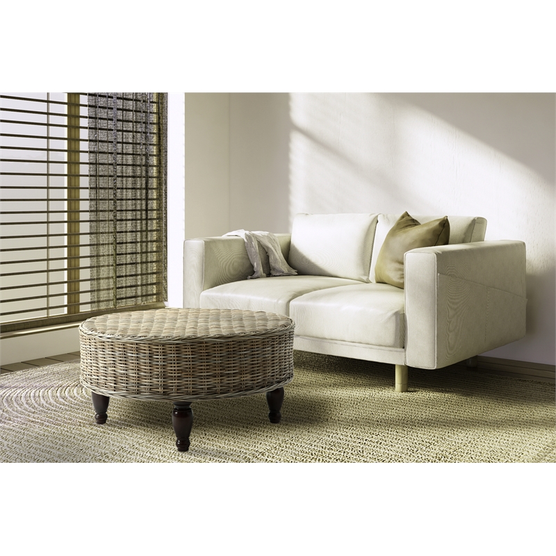 Bowery Hill Contemporary Round Rattan Coffee Table in Natural