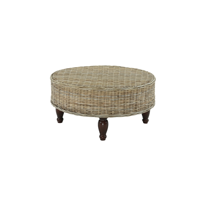 Bowery Hill Contemporary Round Rattan Coffee Table in Natural