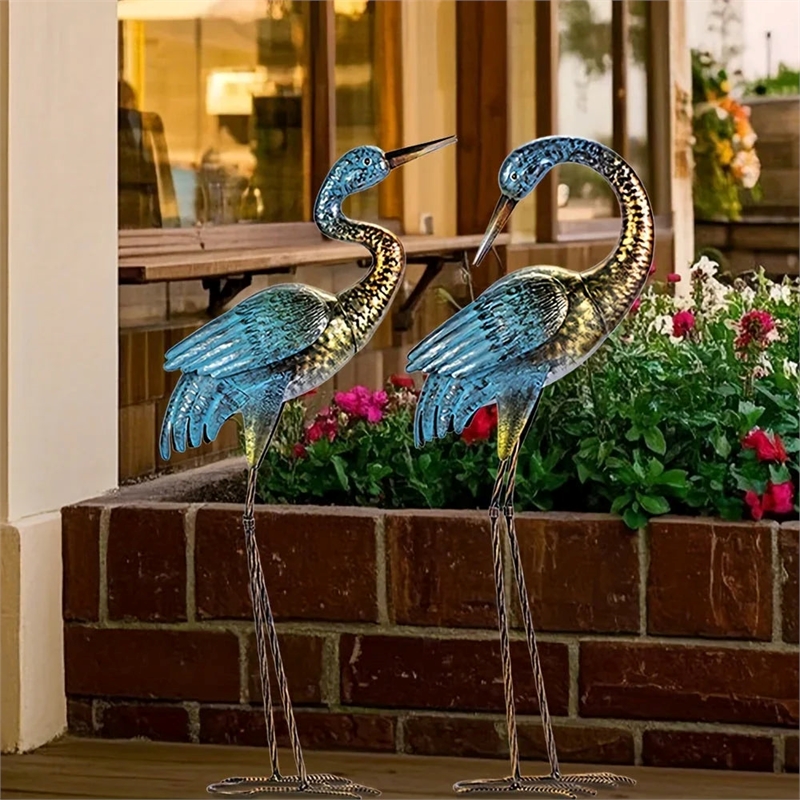 Bowery Hill Blue Gold Metal Crane Garden Sculpture Elegant Outdoor Decor