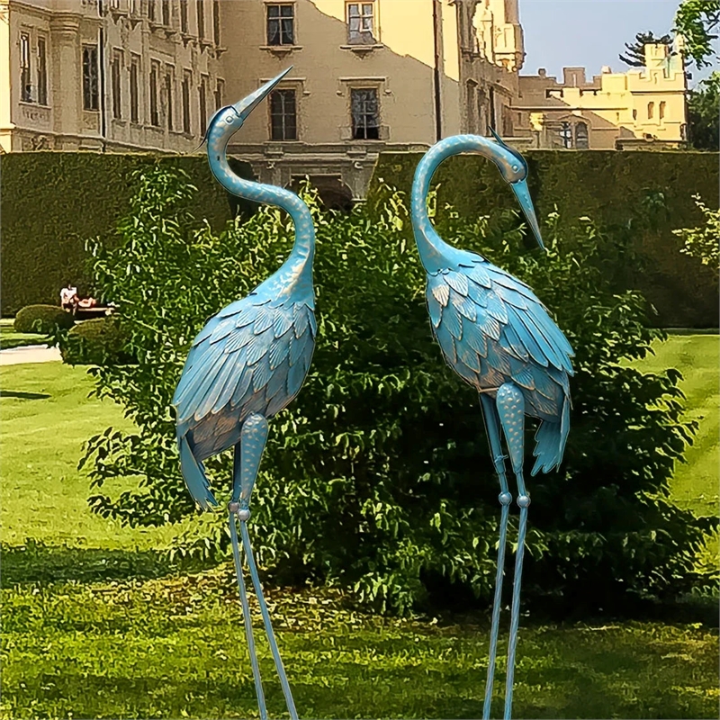 Bowery Hill Blue Metal Crane Garden Statues Elegant Outdoor Decor