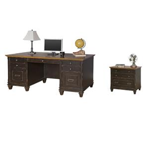 Bowery Hill Set of 2 Wood Double Pedestal Office Desk & Lateral Filing Cabinet