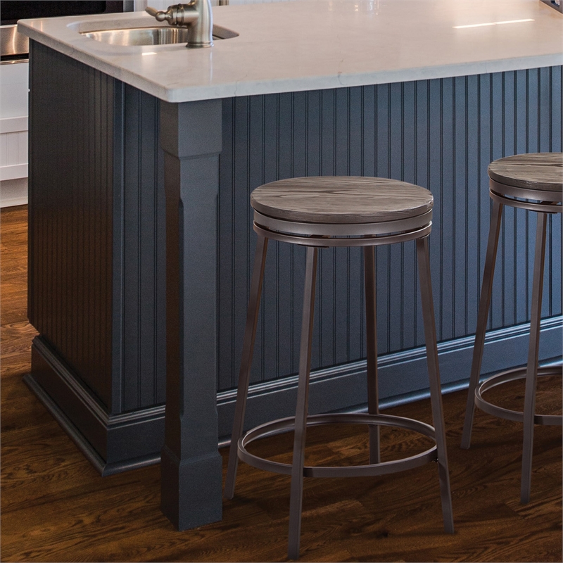Bowery Hill Traditional Gray Metal and Wood Backless Bar Stool