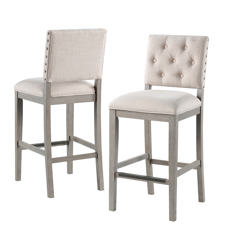 Bowery Hill Driftwood Gray Wood Frame Button Tufted Fabric Upholstered Bar Stool