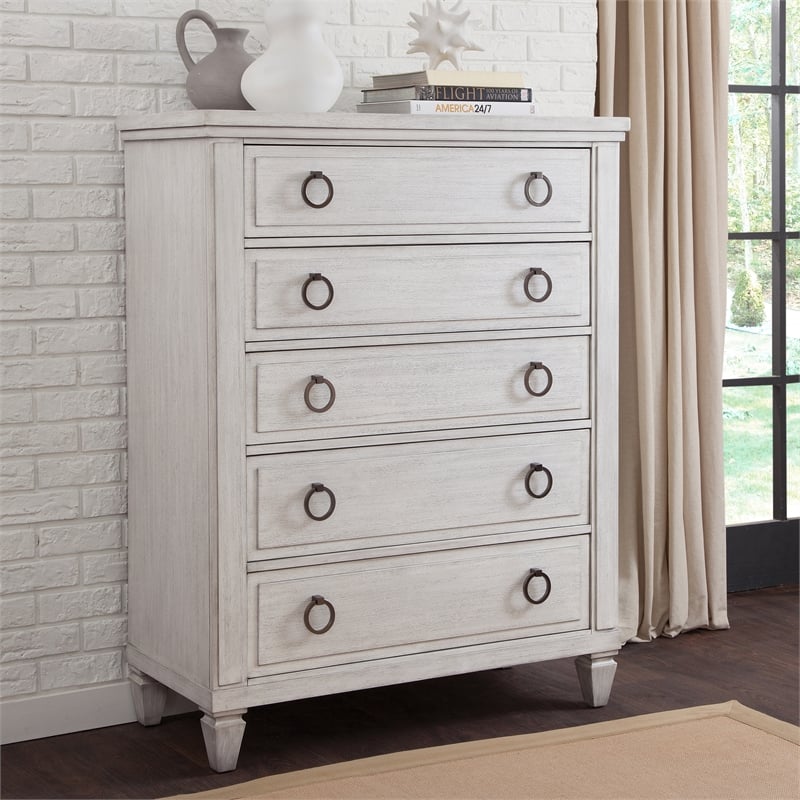 Bowery Hill Modern Farmhouse Wood 5-Drawer Chest in Oyster White
