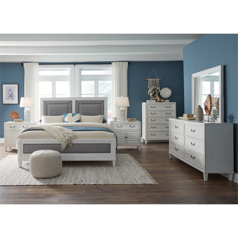 Bowery Hill Coastal Wood 5-drawer Chest in Antiqued Silver/White